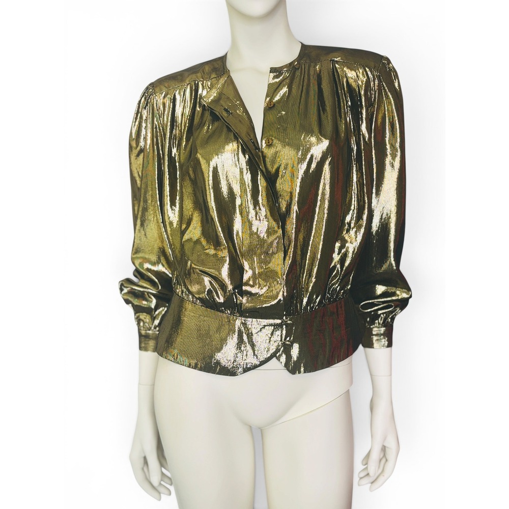 Vintage Helen St Marie Metallic Gold Women's Blouse - Shiny Long Sleeve Top